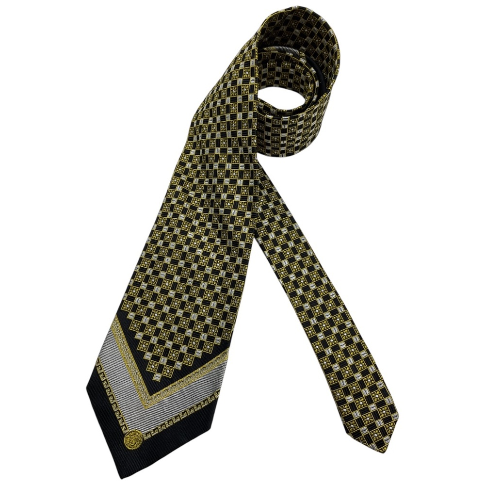 GIANNI VERSACE Black/Gold/Silver Geometric Floral Medusa Silk LUXURY Tie ITALY